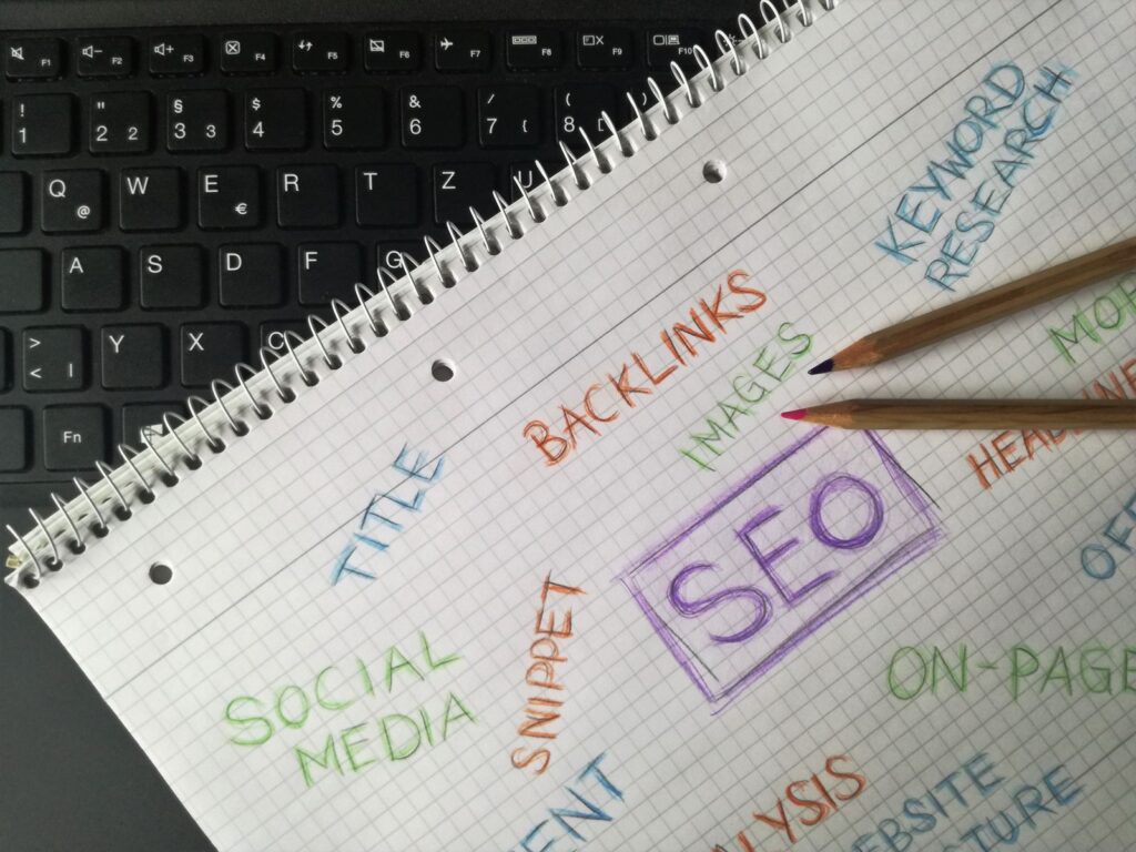 SEO planning notes with keywords, backlinks and on-page tasks